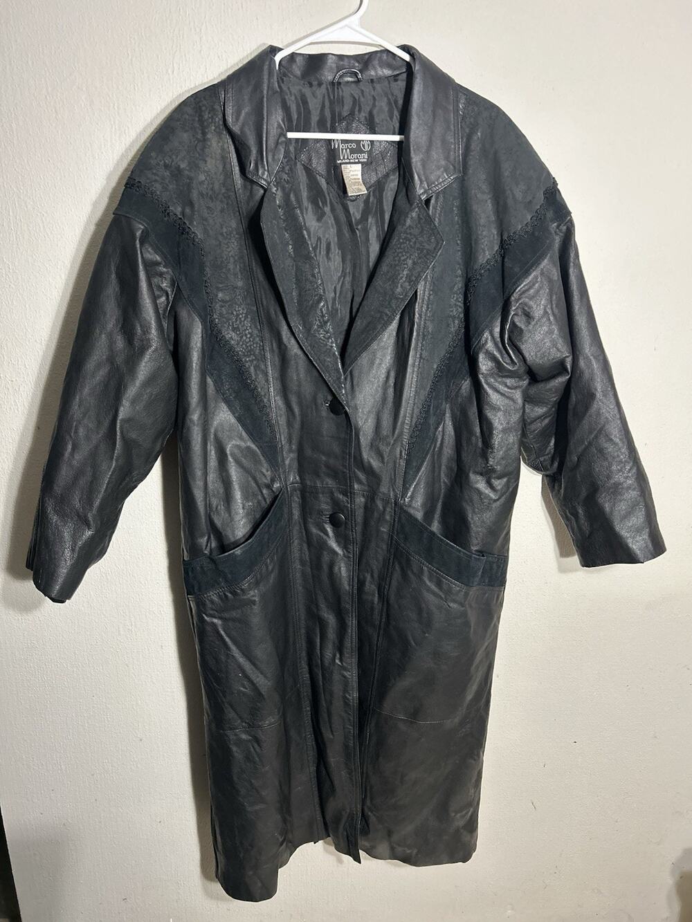 Marco Morani Women’s Leather Trench Coat Large Black Floral New York Vintage L